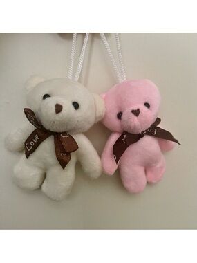 Pair of Plush Teddy Bear Bag Charms - White & Pink